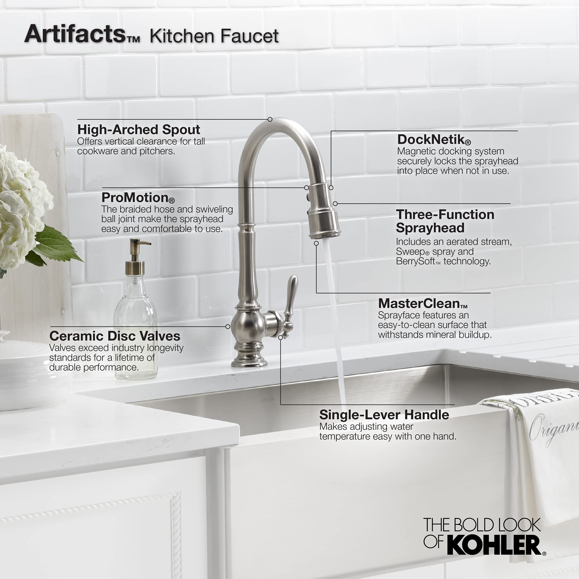 Artifacts Single-Hole Kitchen Sink Faucet With 17-5/8'' Pull-Down Spout And Turned Lever Handle, Docknetik Secure Docking System